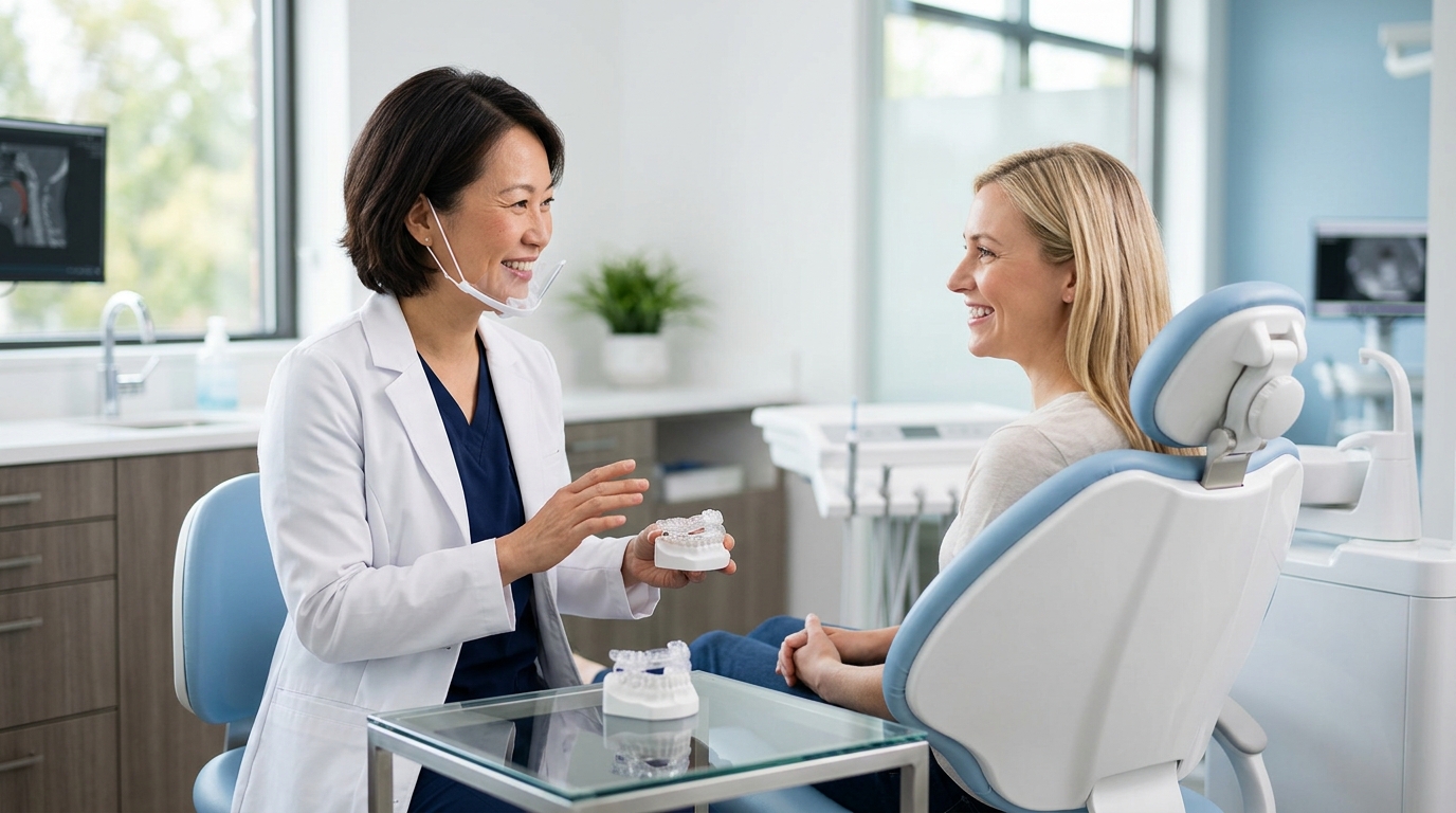 A custom oral appliance for sleep apnea treatment held by a dentist at Studio Dental Centres.