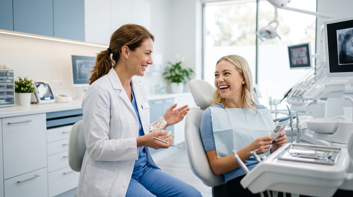 A smiling patient receiving gentle preventive dental care from a hygienist at Studio Dental Centres.
