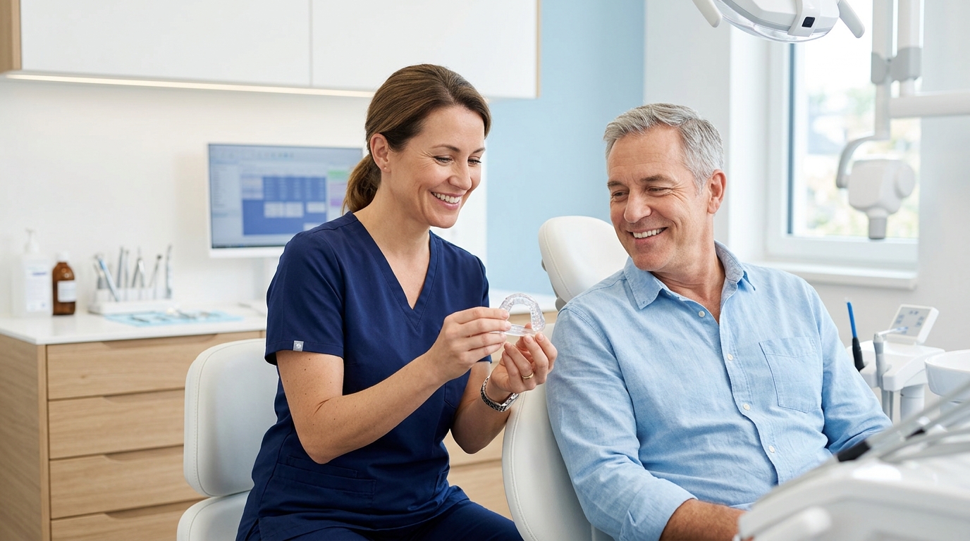 A custom oral appliance for sleep apnea treatment held by a dentist at Studio Dental Centres
