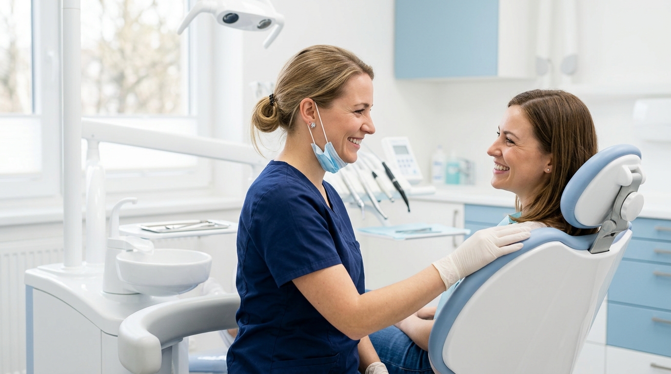A reassuring emergency dentist at Studio Dental Centres calmly speaking with a patient in the dental chair about their urgent dental care needs.