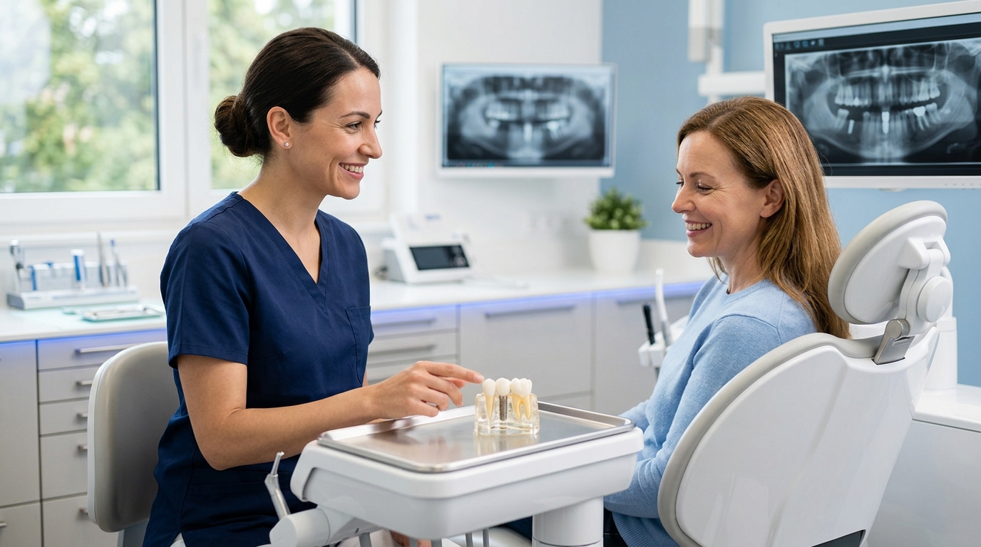 A close up view of a dental implants model showing the screw, abutment, and crown, demonstrating the procedure.